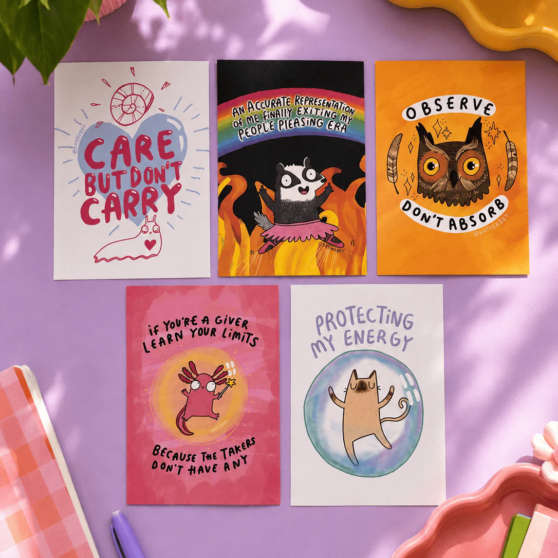 Protect Your Energy - Set of 5 Quirky Self-Care Postcards by Katie Abey