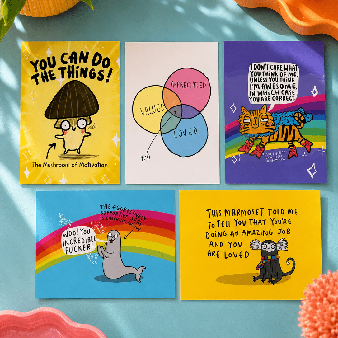 You're Amazing and You're Loved - Set of 5 Quirky Motivational Postcards by Katie Abey